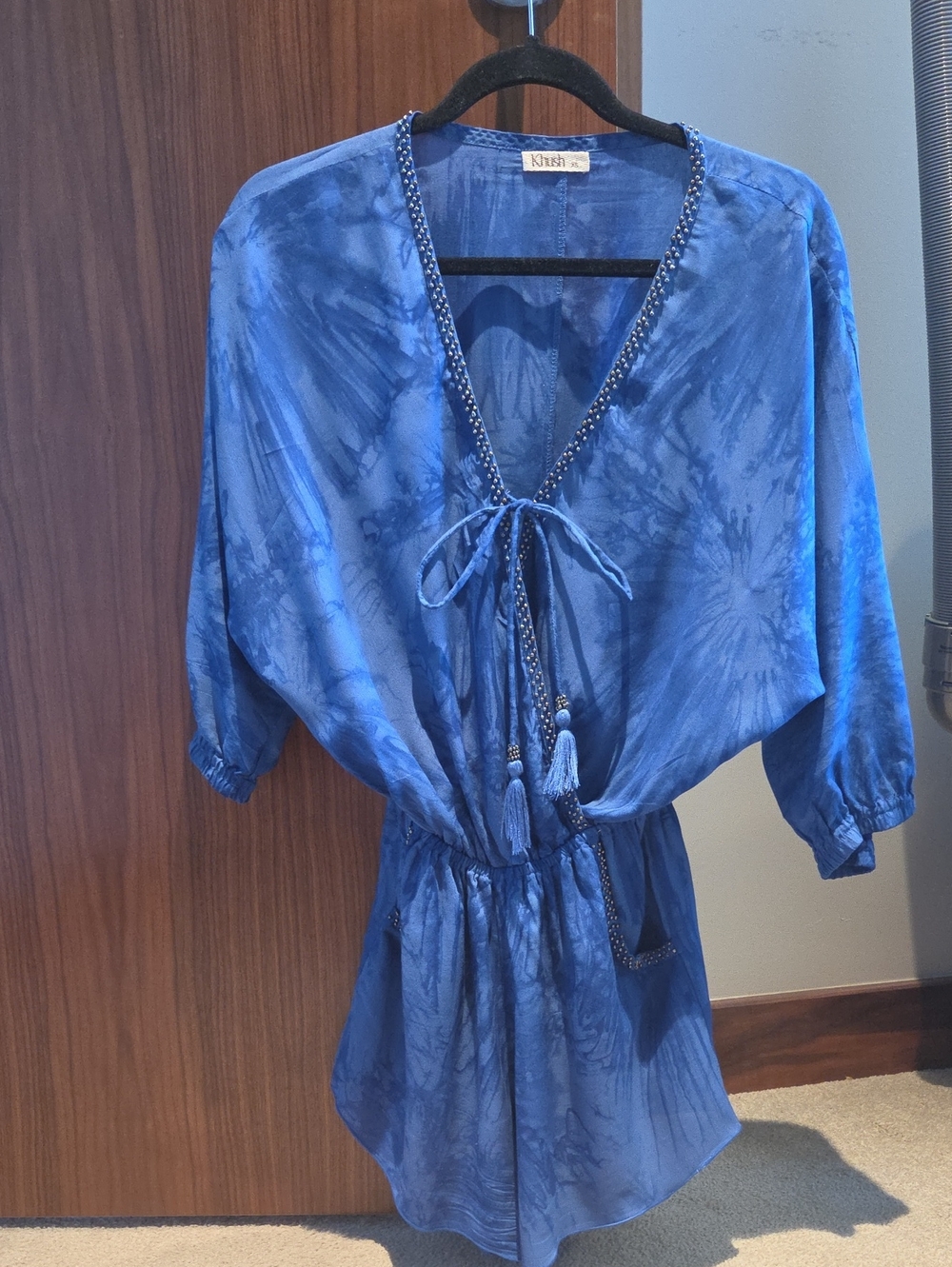 Krush Royal Blue Tie-Front Beaded V-Neck Romper With Pockets
